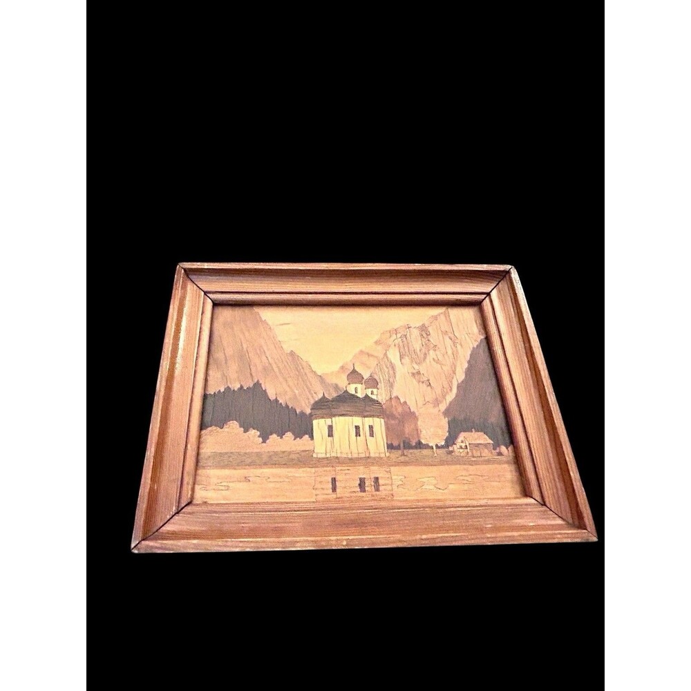 Vtg Wooden Onion Dome Cathedral Reflection Wood Marquetry Inlay Framed Picture